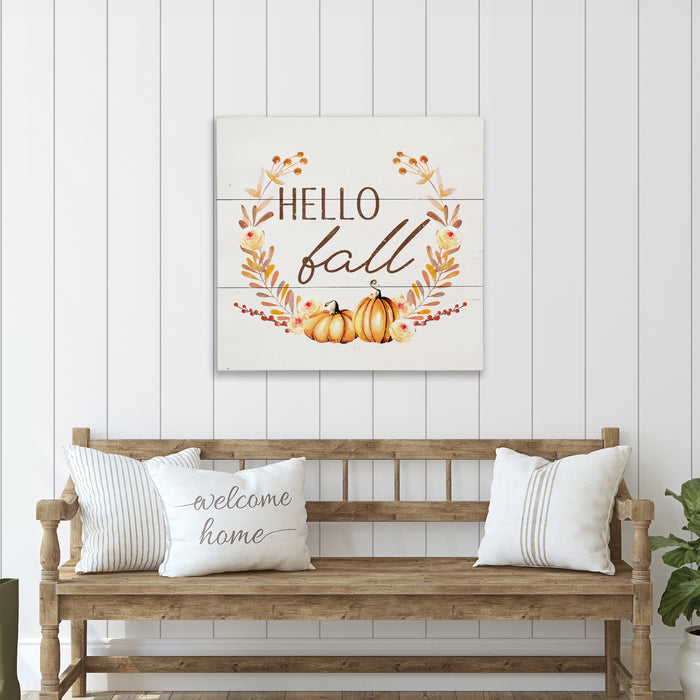 Hello Fall Pumpkin Wreath Wood Sign - Fall Decor