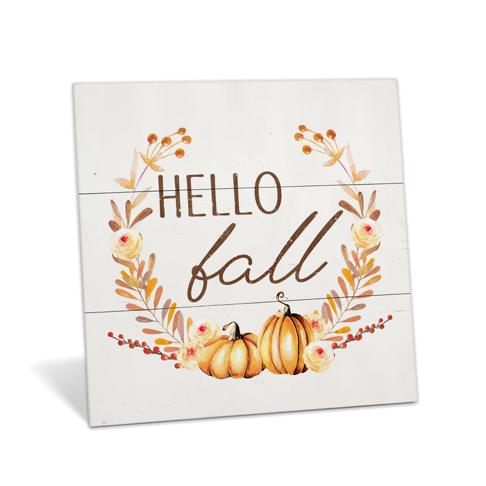 Hello Fall Pumpkin Wreath Wood Sign - Fall Decor