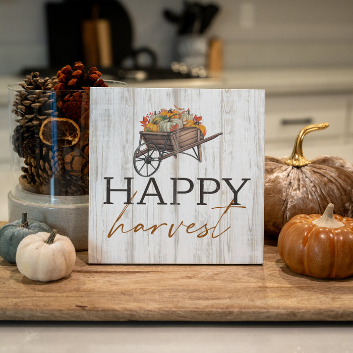 Happy Harvest Wheelbarrow Wood Sign - Fall Decor