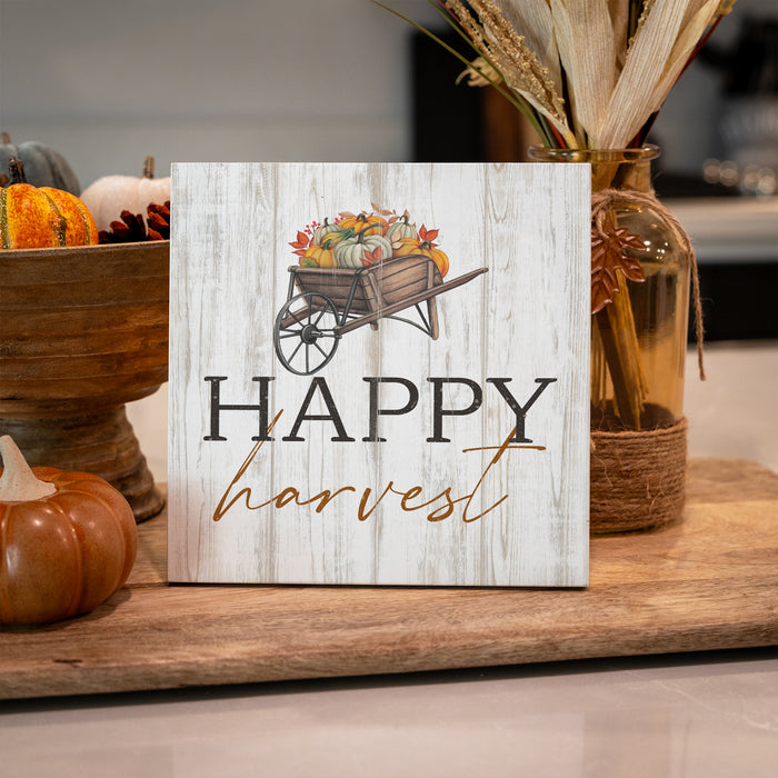 Happy Harvest Wheelbarrow Wood Sign - Fall Decor