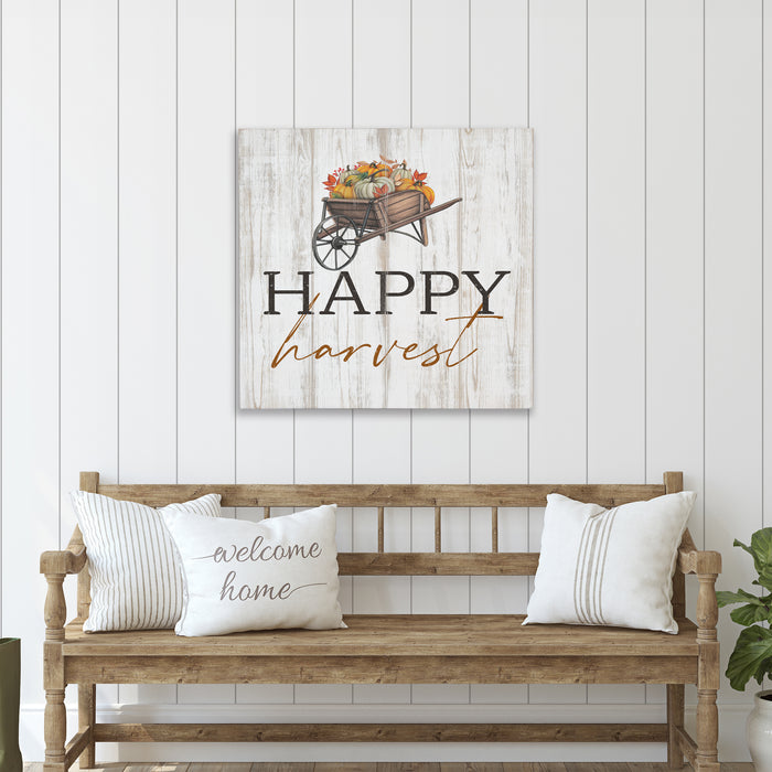 Happy Harvest Wheelbarrow Wood Sign - Fall Decor