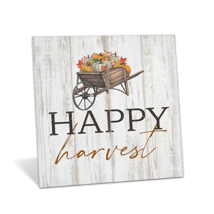 Happy Harvest Wheelbarrow Wood Sign - Fall Decor