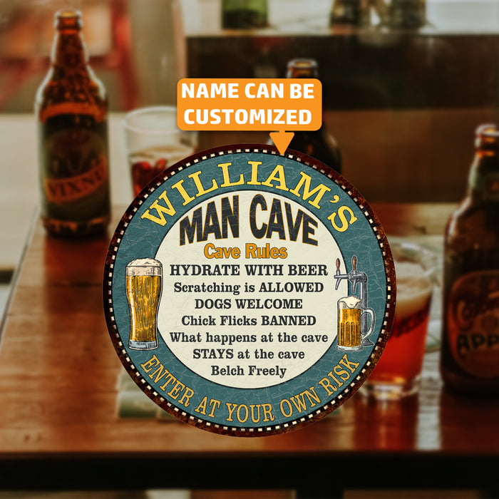 Personalized Man Cave Rules 14" Round Metal Sign Garage Bar Decor 100140009001