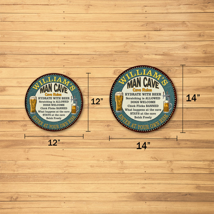 Personalized Man Cave Rules 14" Round Metal Sign Garage Bar Decor 100140009001