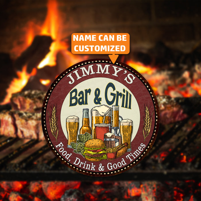 Personalized Bar and Grill 14" Round Metal Sign Kitchen Wall Decor 100140020001