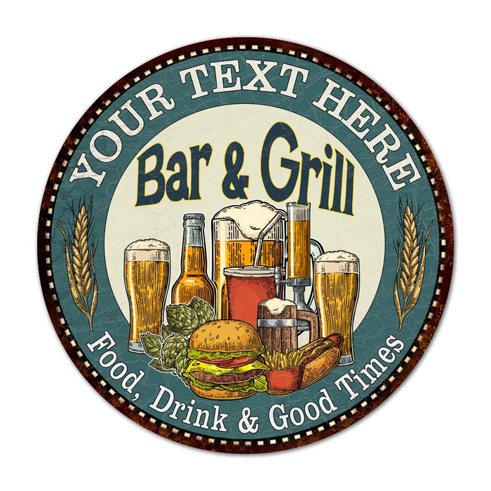 Personalized Bar and Grill 14" Round Metal Sign Kitchen Wall Decor 100140023001