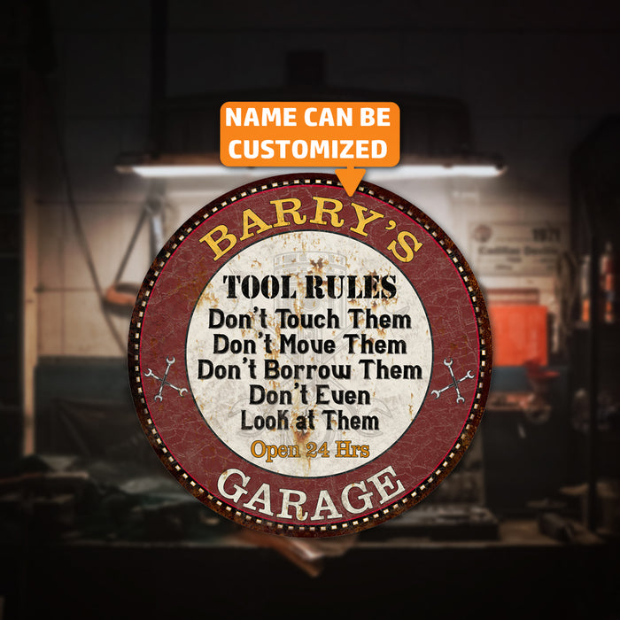 Custom Garage Tool Rules 14" Round Metal Sign Garage Bar Wall Decor