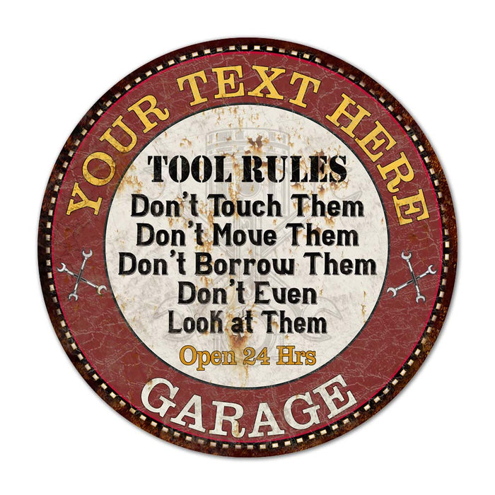 Custom Garage Tool Rules 14" Round Metal Sign Garage Bar Wall Decor 100140031001