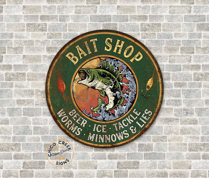 Bait Shop Sign Rustic Fish Man Cave Garage Den Wall Round Decor 100142001002