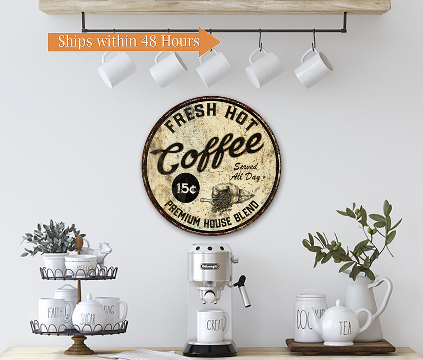 Fresh Hot Coffee Sign Coffee Bar Shop Cafe Java Wall Décor Custom Kitchen 14" Round 100142001014