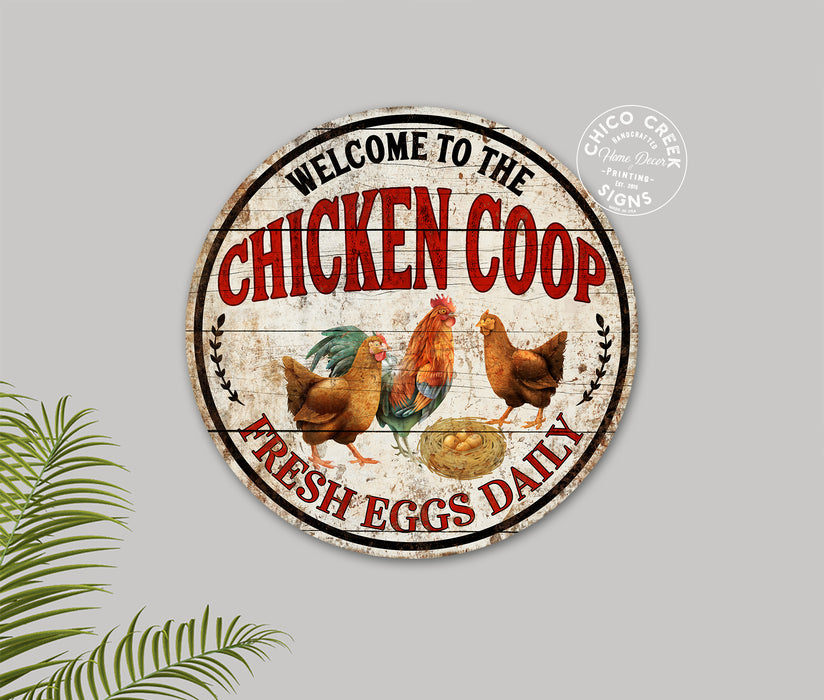 Welcome Chicken Coop Sign Farm Fresh Eggs Rooster Poultry Wall Decor Farm Garden 14" Round 100142001017