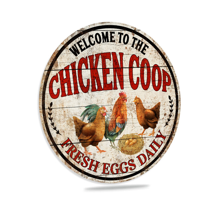 Welcome Chicken Coop Sign Farm Fresh Eggs Rooster Poultry Wall Decor Farm Garden 14" Round 100142001017