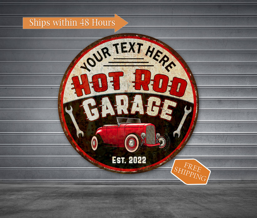 Personalized Hot Rod Garage Round Sign Man Cave Shop Mechanic Auto