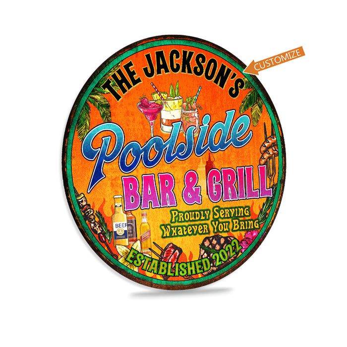 Personalized Poolside Bar and Grill Round Sign 100142002016