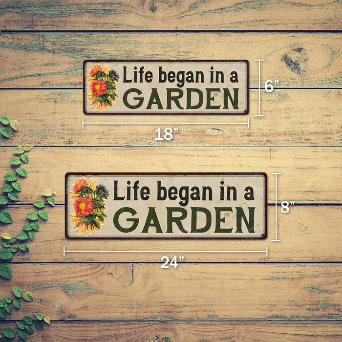 Life Began In The Garden Flowers Vintage Looking Shabby Chic Metal Sign Kitchen Patio Wall Décor Gardening or 106180016011