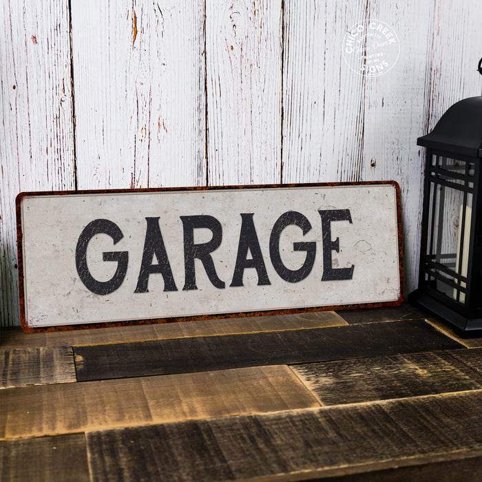 Garage Vintage Look Black on White Metal Sign