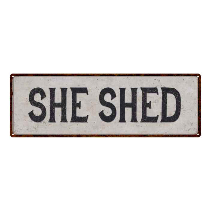 She Shed Vintage Look Reproduction Black on White 8x24 Metal Sign 106180023015