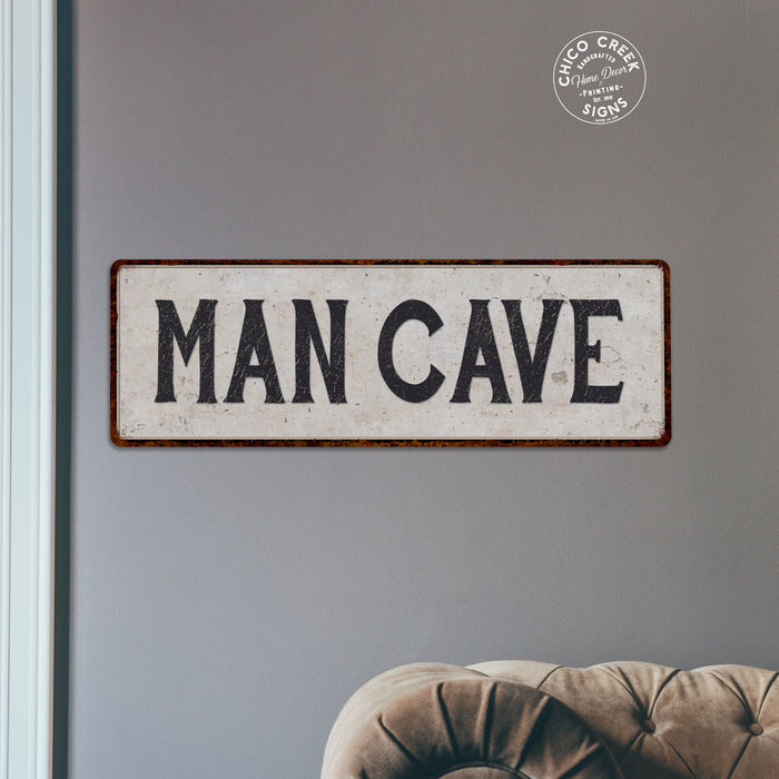 Man Cave Vintage Look Black on White Metal Sign 106180023016