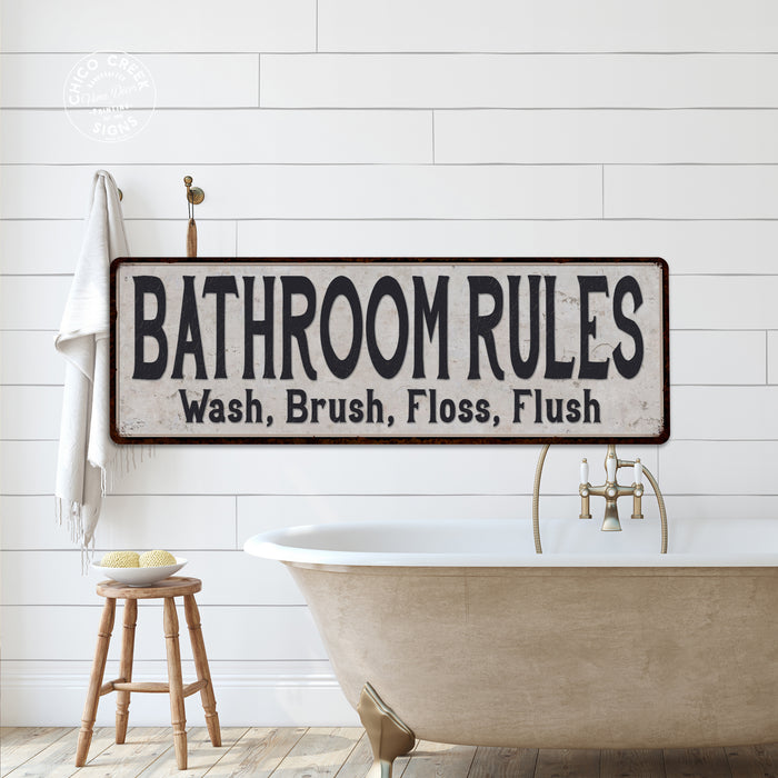 Bathroom Rules Vintage Black White Metal Sign