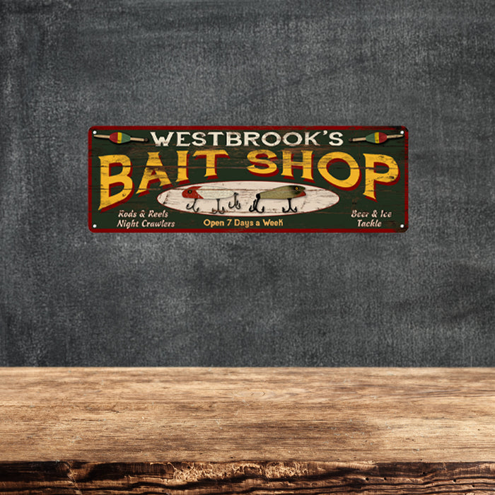 Personalized Bait Shop Sign Wood Look Man Cave Den Metal Sign 106180024001