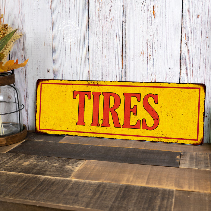 Tires in Vintage Looking Metal Sign Shop Oil Gas Garage 106180064008