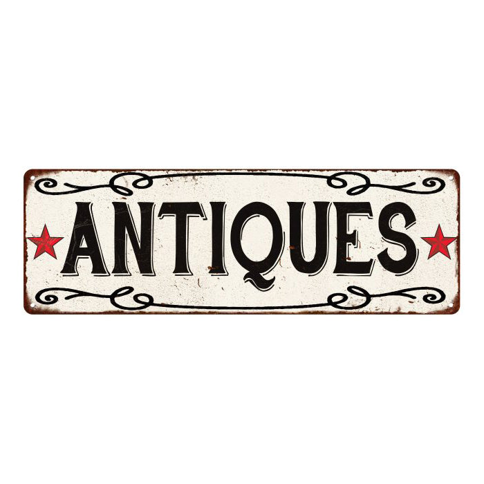 ANTIQUES Country Style w/Red Stars Vintage Look Metal Sign 6x18 106180078002
