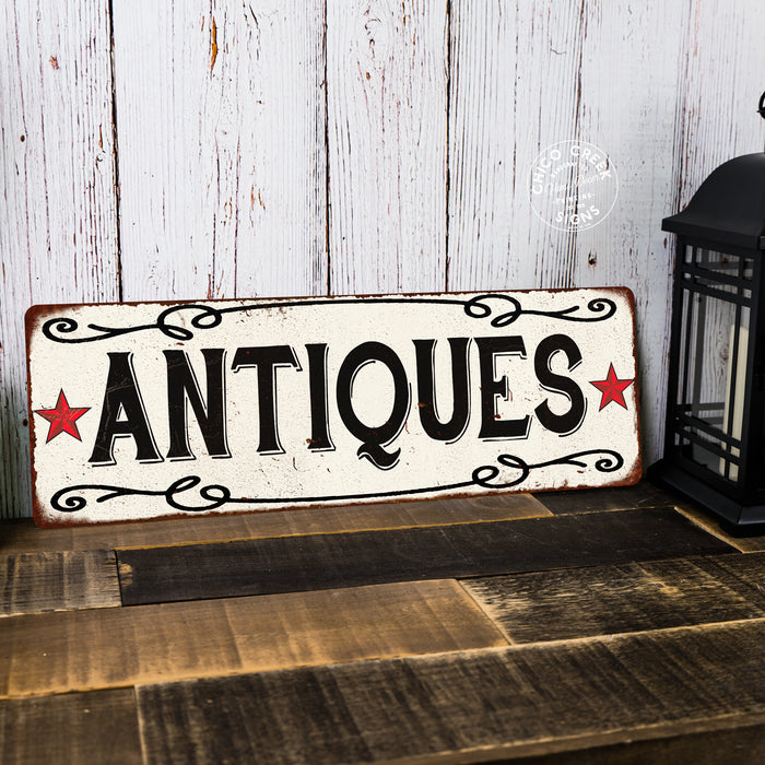 ANTIQUES Country Style w/Red Stars Vintage Look Metal Sign 106180078002