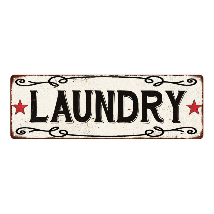 LAUNDRY Country Style w/Red Stars Vintage Look Metal Sign 6x18 106180078008