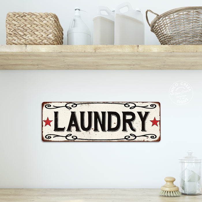 LAUNDRY Country Style w/Red Stars Vintage Look Metal Sign 106180078008