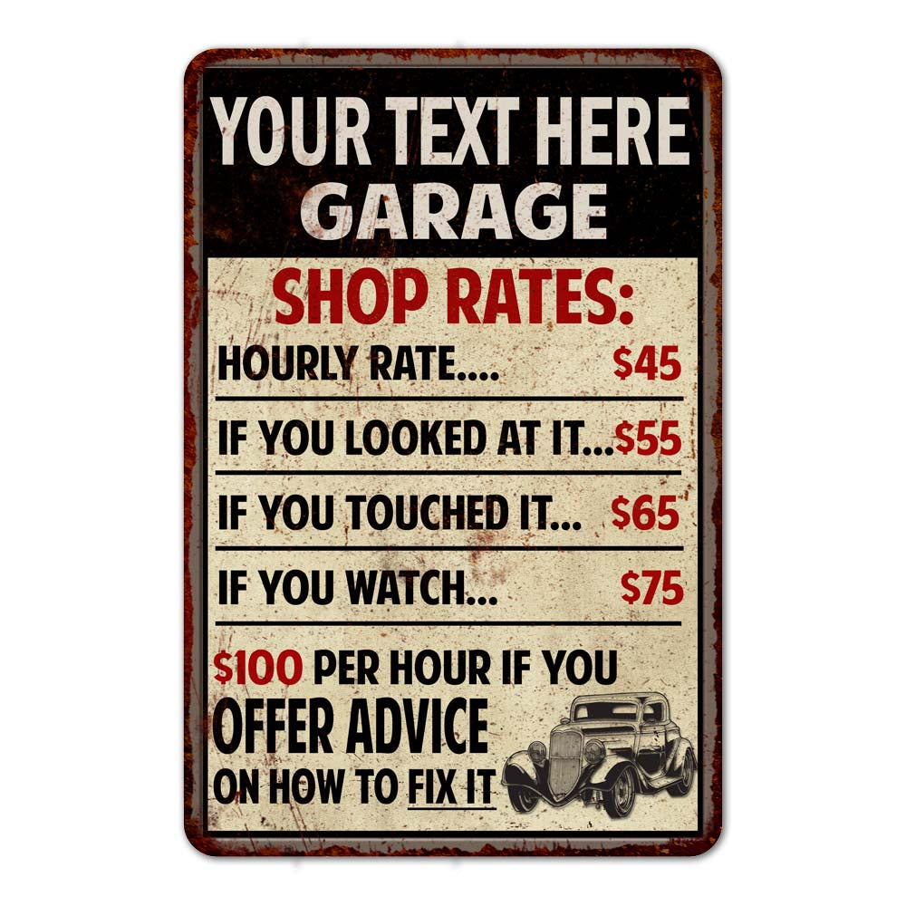 Personalized Garage Shop Rates Sign 108120010001 — Chico Creek Signs