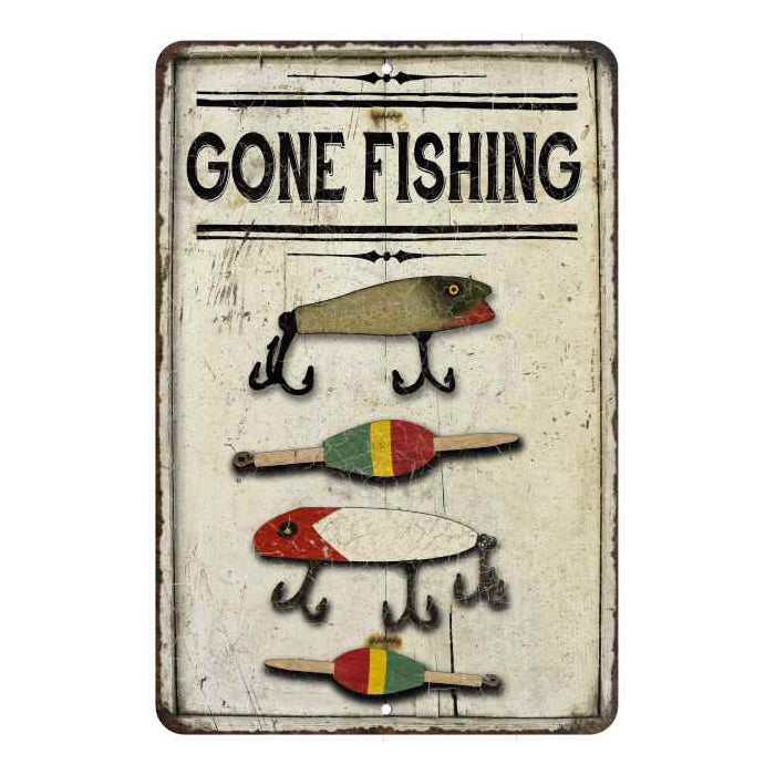 Gone Fishing Lures Vintage Look Chic Distressed 12x18 Metal Sign
