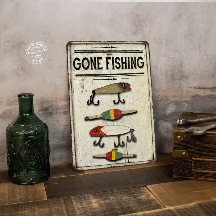 Gone Fishing Lures Vintage Look Chic Distressed 12x18 Metal Sign