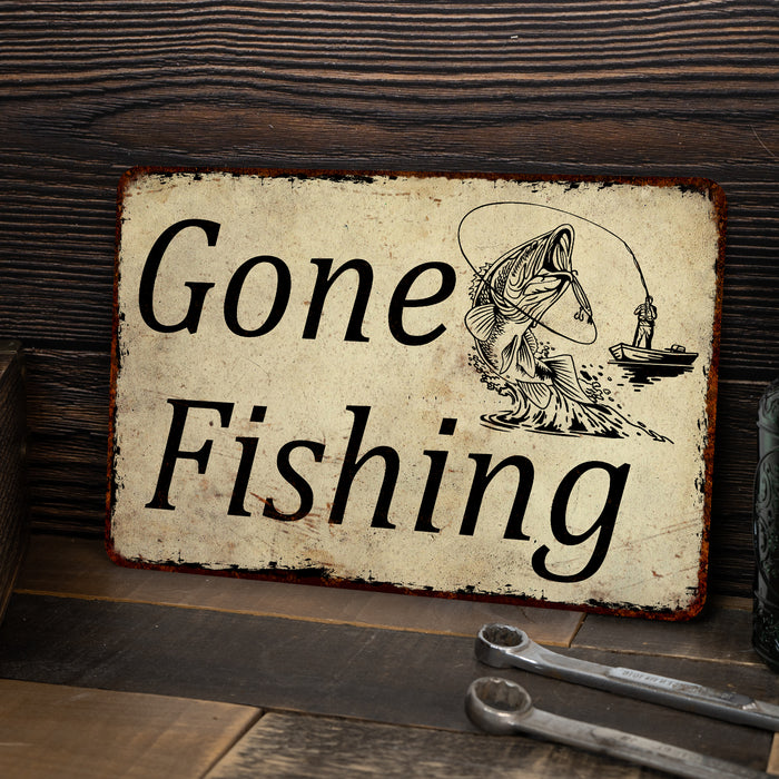 GONE FISHING Retro/ Vintage Tin Metal Sign Man Cave, Wall
