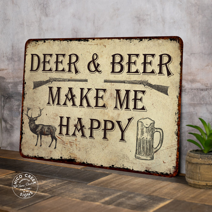 Deer & Beer Make Me Happy Man Cave Fishing 8x12 Metal Sign 108120063007