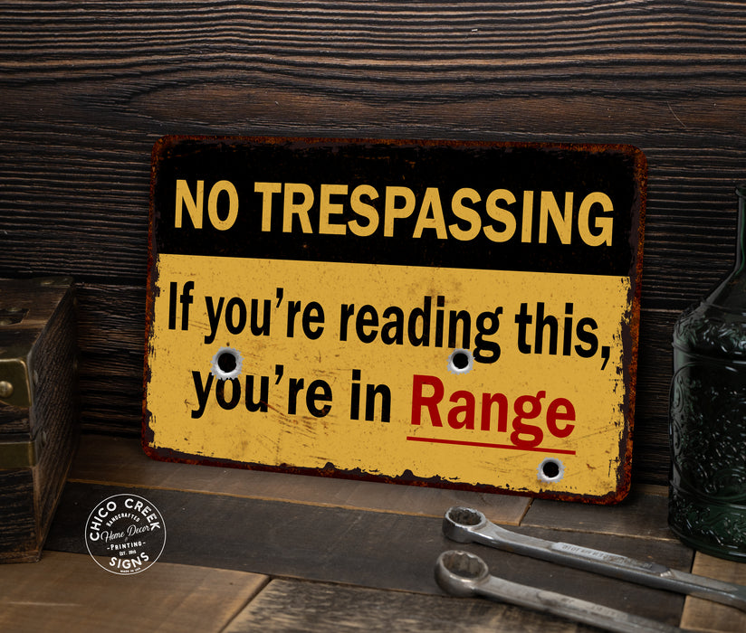 If you're reading, you're in range No Trespassing Metal Sign
