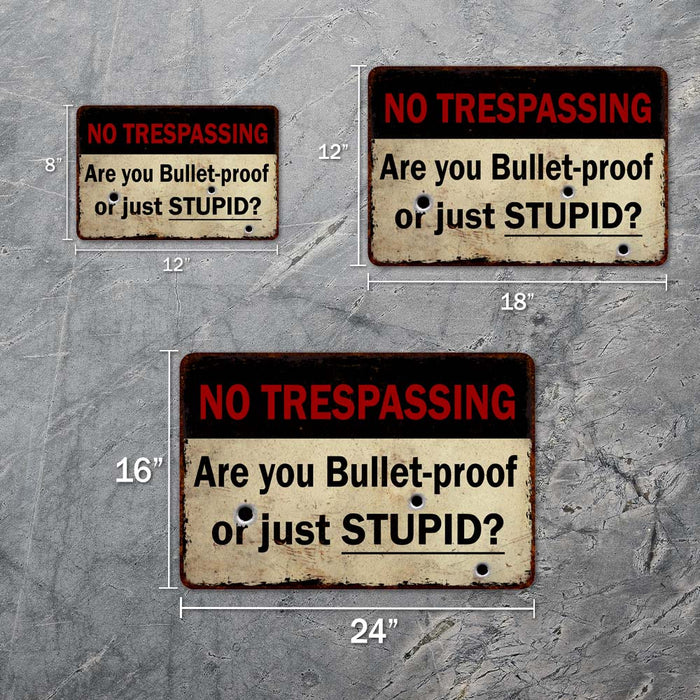 Are you Bulletproof or stupid  No Trespassing 8x12 Metal Sign 108120063016