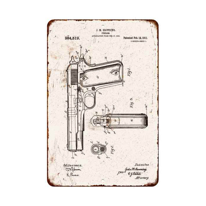 1911 Pistol Patent Sign Vintage Wall Décor Signs Art Decorations Tin Gift 