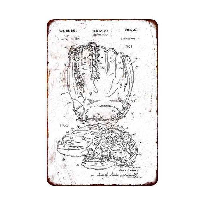 Baseball Glove Patent Sign Vintage Wall Décor Signs Art Decorations Tin Gift 
