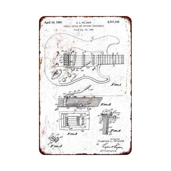 Fender Electric Guitar Patent Sign Vintage Wall Décor Signs Art Decorations Tin Gift 