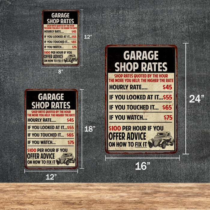 Garage Shop Rates Vintage Metal Sign 108120068019