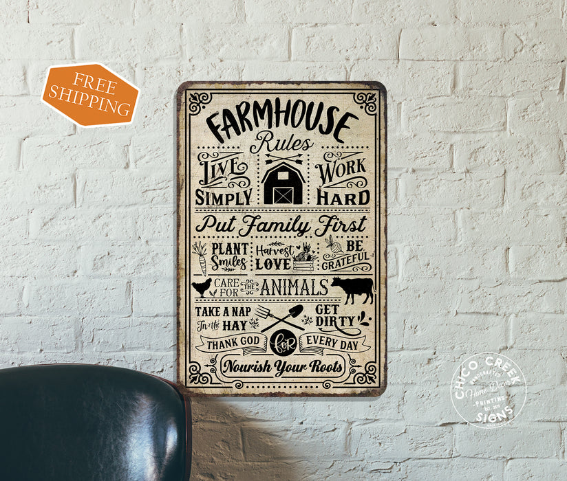 Farmhouse Rules Sign Tan Live Simply Work Hard Nourish Your Roots Home Decor