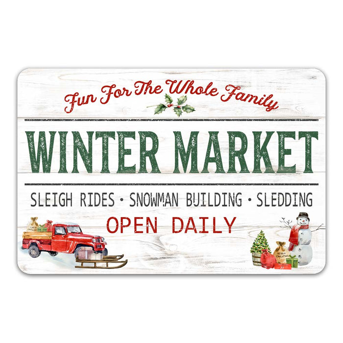 Winter Market Sleigh Rides Snowman Building Sledding Vintage Holiday Theme Christmas Winter Metal Sign 108120097010