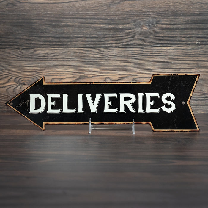 Deliveries Left Arrow Vintage Looking Metal Sign