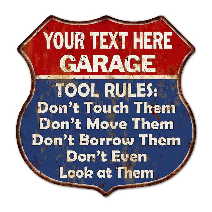 Personalized Garage Tool Rules Gift Shield Metal Sign 211110001001