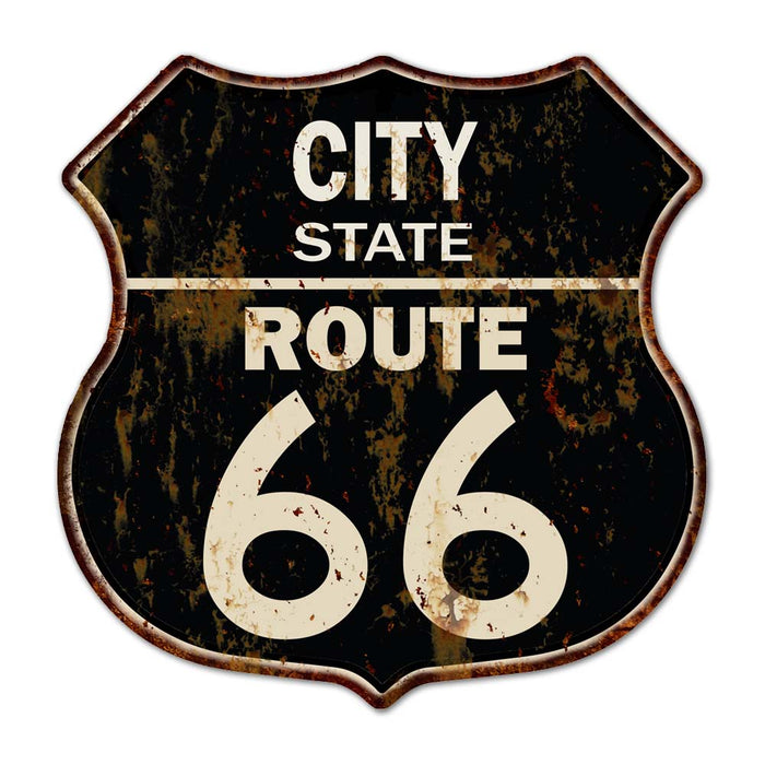 City/State Customized Route 66 Shield Metal Sign Man Cave Black