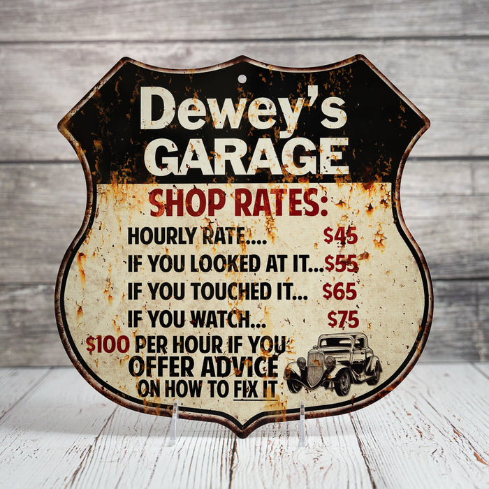 Personalized Garage Shop Rates Gift Shield Metal Sign 211110019001