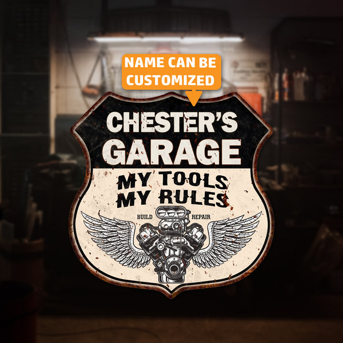 Personalized Garage My Tools My Rules V8 Wings 12x12 Metal Sign 211110026001