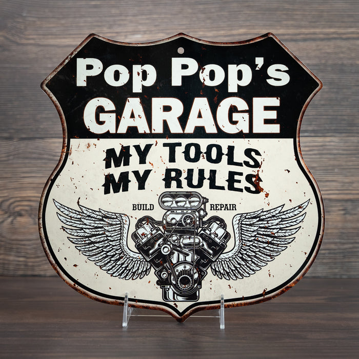 Personalized Garage My Tools My Rules V8 Wings 12x12 Metal Sign 211110026001