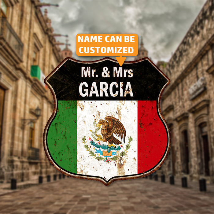 Personalized Mr. & Mrs Your Name Tu Nombre Familia Bandera Personalizado Mexican Flag Shield Metal Sign 211110009001