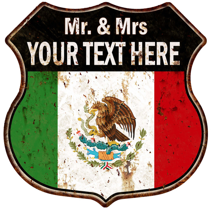 Personalized Mr. & Mrs Your Name Tu Nombre Familia Bandera Personalizado Mexican Flag Shield Metal Sign 211110009001